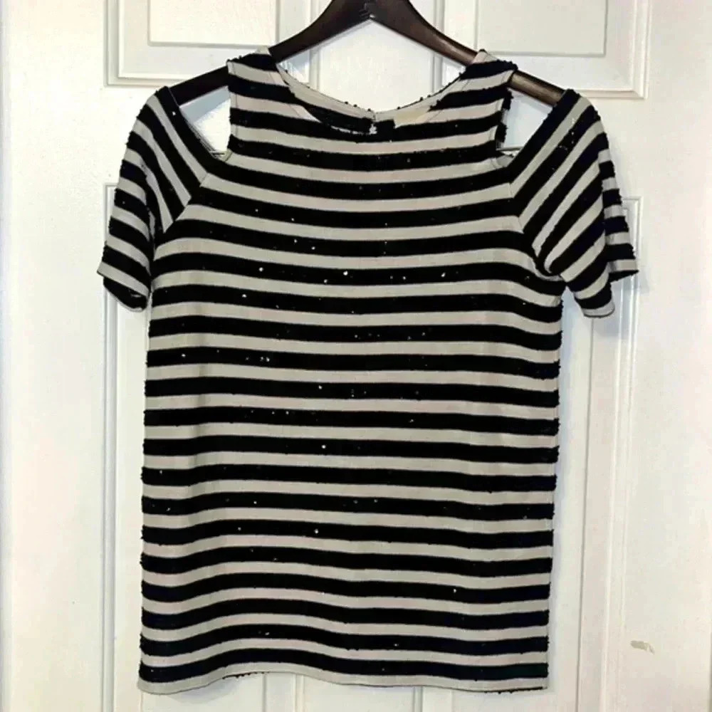 Chico's Black Off White Striped Sequined Cold Shoulder Top Size 4